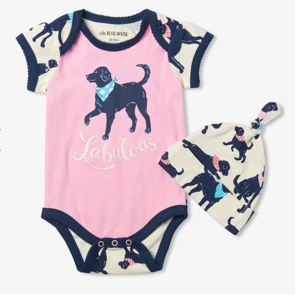 🆕 Hatley-  Labulous Bandana Labs Baby Bodysuit & Hat - 12-18M